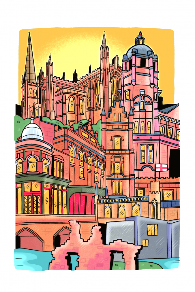 An Illustration by @mollypukes portraying some of the landmarks of Wakefield.